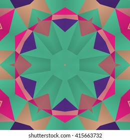 Vector seamless pattern background with different geometrical shapes of multiple colors. Illustration with symmetrical design. Kaleidoscope backdrop. Modern banner design template.