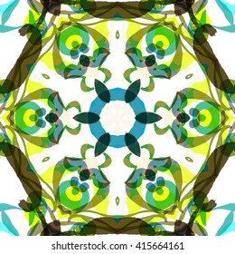 Vector seamless pattern background with different geometrical shapes of multiple colors. Illustration with symmetrical design. Kaleidoscope backdrop. Modern banner design template.