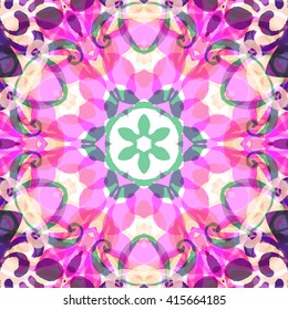 Vector seamless pattern background with different geometrical shapes of multiple colors. Illustration with symmetrical design. Kaleidoscope backdrop. Modern banner design template.