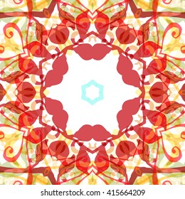 Vector seamless pattern background with different geometrical shapes of multiple colors. Illustration with symmetrical design. Kaleidoscope backdrop. Modern banner design template.