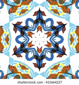 Vector seamless pattern background with different geometrical shapes of multiple colors. Illustration with symmetrical design. Kaleidoscope backdrop. Modern banner design template.