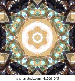 Vector seamless pattern background with different geometrical shapes of multiple colors. Illustration with symmetrical design. Kaleidoscope backdrop. Modern banner design template.