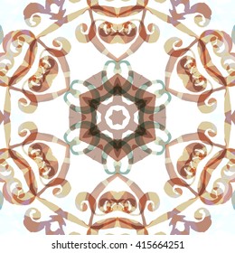 Vector seamless pattern background with different geometrical shapes of multiple colors. Illustration with symmetrical design. Kaleidoscope backdrop. Modern banner design template.