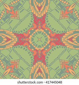 Vector seamless pattern background with different geometrical shapes of multiple colors. Illustration with symmetrical design. Kaleidoscope backdrop. Modern banner design template.
