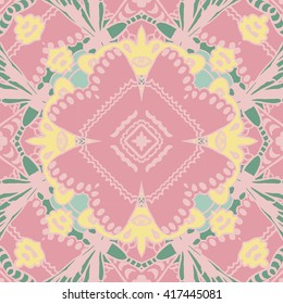 Vector seamless pattern background with different geometrical shapes of multiple colors. Illustration with symmetrical design. Kaleidoscope backdrop. Modern banner design template.