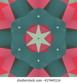 Vector seamless pattern background with different geometrical shapes of multiple colors. Illustration with symmetrical design. Kaleidoscope backdrop. Modern banner design template.