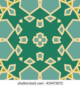 Vector seamless pattern background with different geometrical shapes of multiple colors. Illustration with symmetrical design. Kaleidoscope backdrop. Modern banner design template.