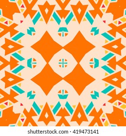 Vector seamless pattern background with different geometrical shapes of multiple colors. Illustration with symmetrical design. Kaleidoscope backdrop. Modern banner design template.