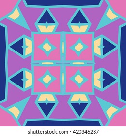 Vector seamless pattern background with different geometrical shapes of multiple colors. Illustration with symmetrical design. Kaleidoscope backdrop. Modern banner design template.