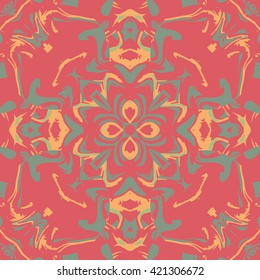 Vector seamless pattern background with different geometrical shapes of multiple colors. Illustration with symmetrical design. Kaleidoscope backdrop. Modern banner design template.