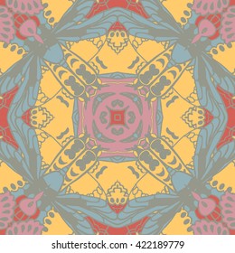 Vector seamless pattern background with different geometrical shapes of multiple colors. Illustration with symmetrical design. Kaleidoscope backdrop. Modern banner design template.