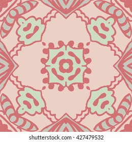 Vector seamless pattern background with different geometrical shapes of multiple colors. Illustration with symmetrical design. Kaleidoscope backdrop. Modern banner design template.