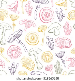 Vector  seamless pattern background with different mushrooms. Bright hand drawn fabric or wrap paper design.
