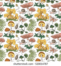 Vector  seamless pattern background with different mushrooms, plants and insects. Bright hand drawn fabric or wrap paper design.