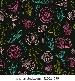 Vector seamless pattern background with different mushrooms. Bright hand drawn fabric or wrap paper design.