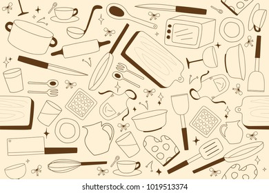 Vector seamless pattern background doodle kitchen tools cute drawing layout
