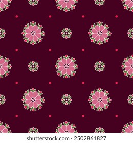 Vector seamless pattern background: Dotted Rosettes. Pink, green and red rosettes arranged in a diagonal repeat on a dark background for a classic Bavarian style. Part of Bavarian Rosettes collection.