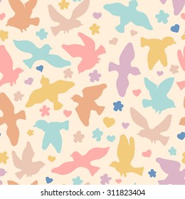 Vector Seamless Pattern Background with Doves (hand drawn elements).
