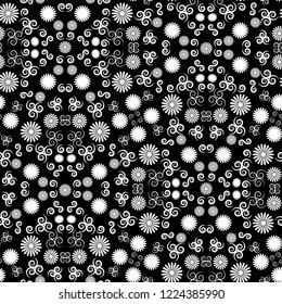 Vector seamless pattern background. Elegant white  daisies with white swirls and ornamental elements on a black background . Perfect for fashion, decoration and wallpaper projects.