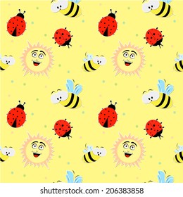 Vector seamless pattern background. Elegant texture for backgrounds. With ladybugs, bee, sun and dots.