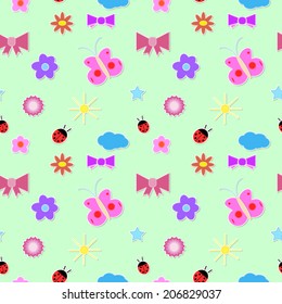 Vector Seamless pattern background. Elegant texture for backgrounds with ladybugs, bow, cloud, butterfly, star, sun and flowers.