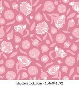 Vector seamless pattern background with elements flowers, leaves, fig fruit, pomegranate, berries, artichokes in white and pink colors. Surface pattern design for fabric, wallpaper, scrapbooking