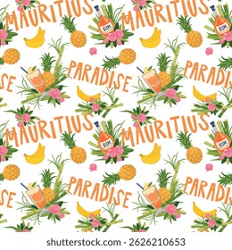 Vector seamless pattern. Background with elements of vacation on a tropical island. Composition with a bottle of rum, pineapple, banana and flowers. Illustration for beach bar design.