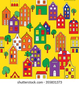 Vector seamless pattern background with european houses in bright colors. For wallpaper, backgrounds, decoration for your design, textile and more.