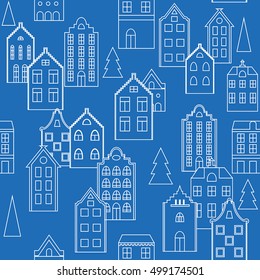 Vector seamless pattern background with european houses. For wallpaper, backgrounds, decoration for your design, textile and more.