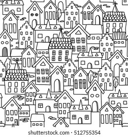 Vector seamless pattern background and european houses in black   white  For coloring pages  wallpaper  backgrounds  decoration for your design  page fill   more 