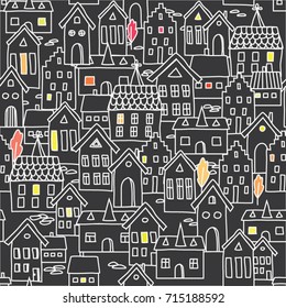 Vector seamless pattern background with european houses on black background. For wallpaper, backgrounds, decoration for your design, textile and more.