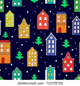 Vector seamless pattern background with european houses and christmas trees. 