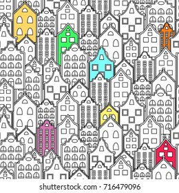 Vector seamless pattern background with european houses. For wallpaper, backgrounds, decoration for your design, textile and more.