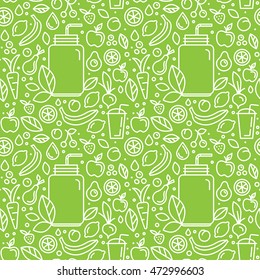 Vector seamless pattern and background for food packaging - smoothie icons and signs in trendy linear style - fruits and vegetables