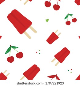 Vector seamless pattern background with fresh cherries, popsicles, dots and hearts for National Cherry Popsicle day.