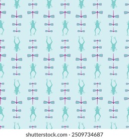 Vector seamless pattern background: Froggish Followers. On a pale blue background swimming frogs and simple dragonflies following each other up- and downwards. Part of By The Pondside collection.