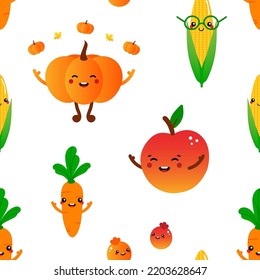 Vector seamless pattern background with funny and cute pumpkin, carrot, apple, corn, berries characters for food design.
