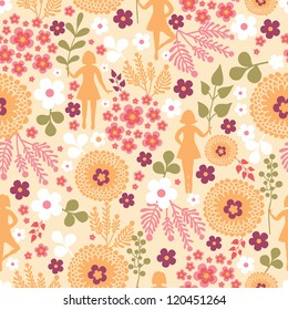 Vector seamless pattern background with girl silhouettes among hand drawn colorful flowers.