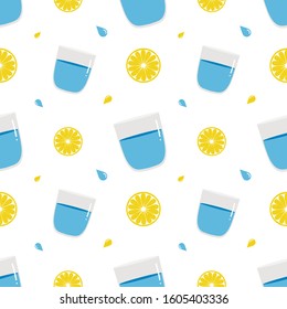 Vector seamless pattern background with glass of water and lemon slices. Lemon water pattern.