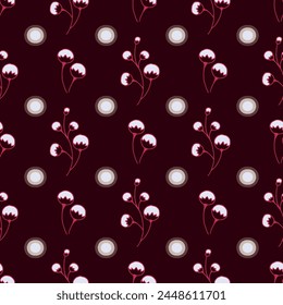 Vector seamless pattern background: Glowing Crownberry. Two different white berry stems in rows between small softly glowing moons. Part of The Crown Berry collection.