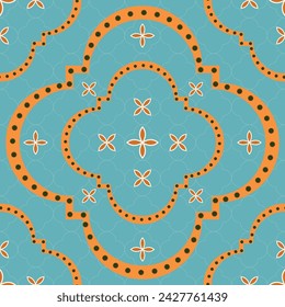 Vector seamless pattern background: Going South. The dotted outlines of big barbed quatrefoils framing small flower elements on a turquoise background with a trellis. Part of Quiet Folio collection.
