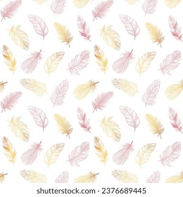 Vector seamless pattern background with gold and pink feather vector illustration, for print, fabrics, decorations, paper	