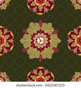 Vector seamless pattern background: Golden Lattice. Two different rosettes posing diagonally in front of a delicate golden lattice on a dark green background. Part of Rosettes On A Trellis collection.