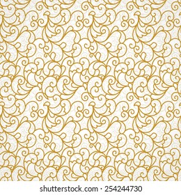 Vector seamless pattern background with golden scroll ornament. Vintage element for design in line art style. Ornamental lace backdrop. Ornate floral decor for wallpaper. Endless vintage texture.
