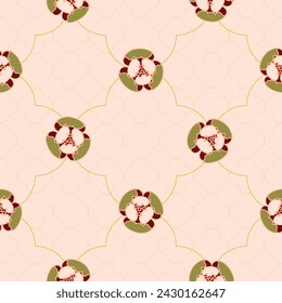 Vector seamless pattern background: The Green Buds. The green buds of rosettes sitting on a latticework in front of another more distant trellis. Part of Rosettes On A Trellis collection.