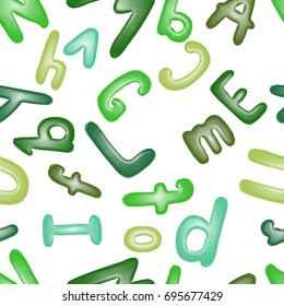 Vector seamless pattern background with green letters of the alphabet. Wrapping paper or textile, wallpaper with ABC.