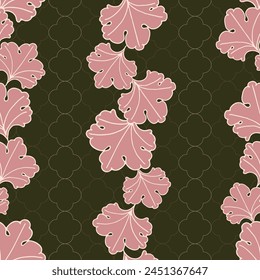 Vector seamless pattern background: Growing Upside Down. In front of a subtle trellis in the background small acanthus leaves climbing upwards and downwards. Part of Rosettes On A Trellis collection.