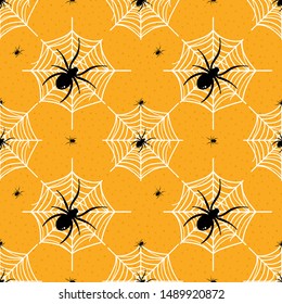 Vector seamless pattern background for halloween design with spiders and spiders webs.