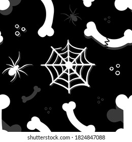 Vector seamless pattern background for Halloween design with bones, spiders and spiders web.
