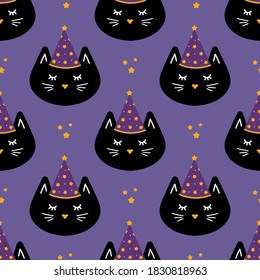 Vector seamless pattern background for Halloween design with cute cartoon magical black cat in wizard hat. 